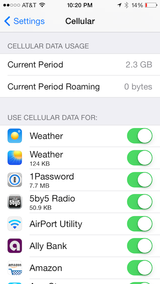 Scroll further down the Cellular screen to see data consumption.