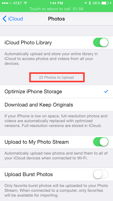 iOS Settings Screen showing 22 Photos to Upload