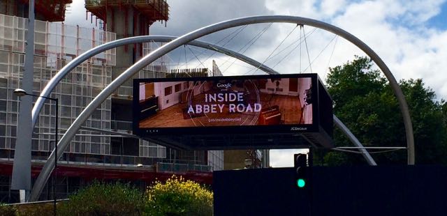 Sign above Old Street Station labeled "Google presents Inside Abbey Road"