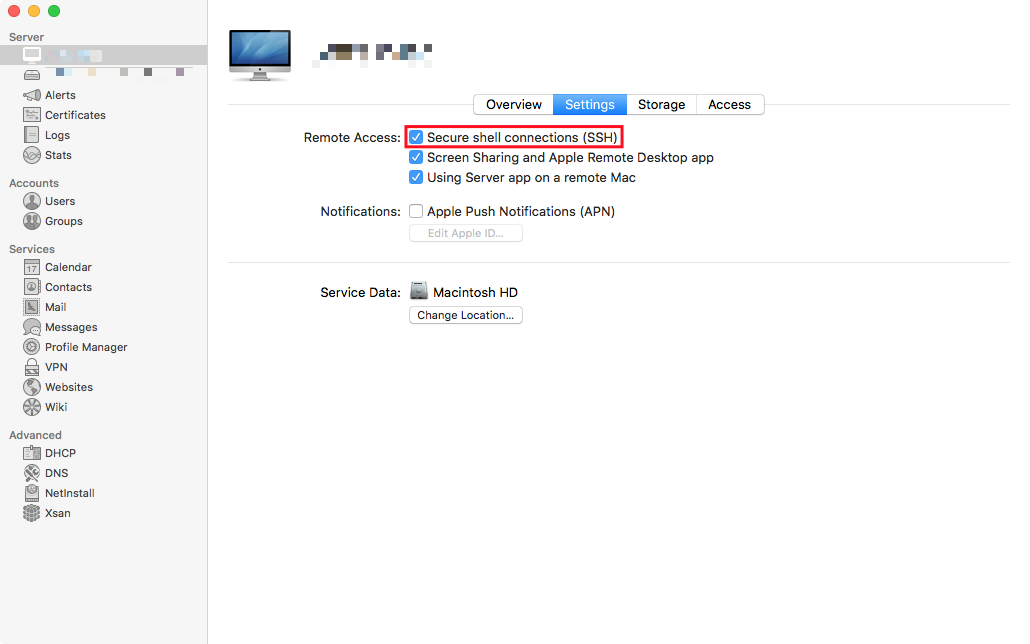 Enable SSH in macOS Server -> Settings