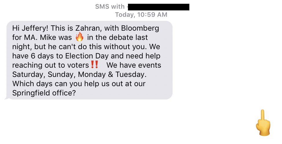 Solicitation from a Bloomberg volunteer, with a middle finger emoji response.