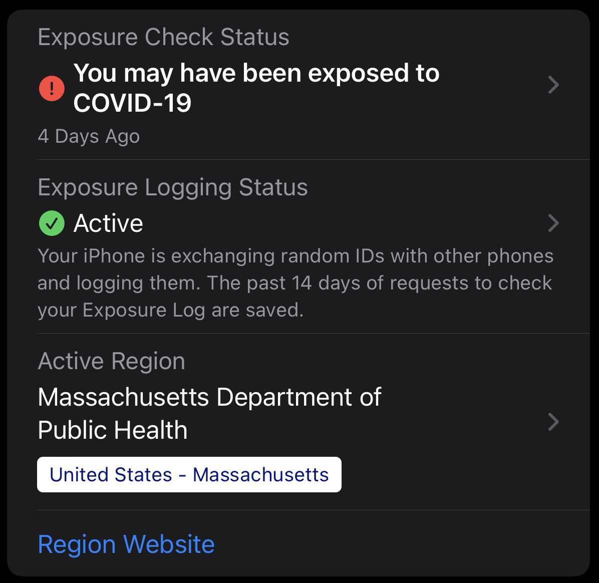 iOS Covid-19 Exposure Notification dated 4 days ago.