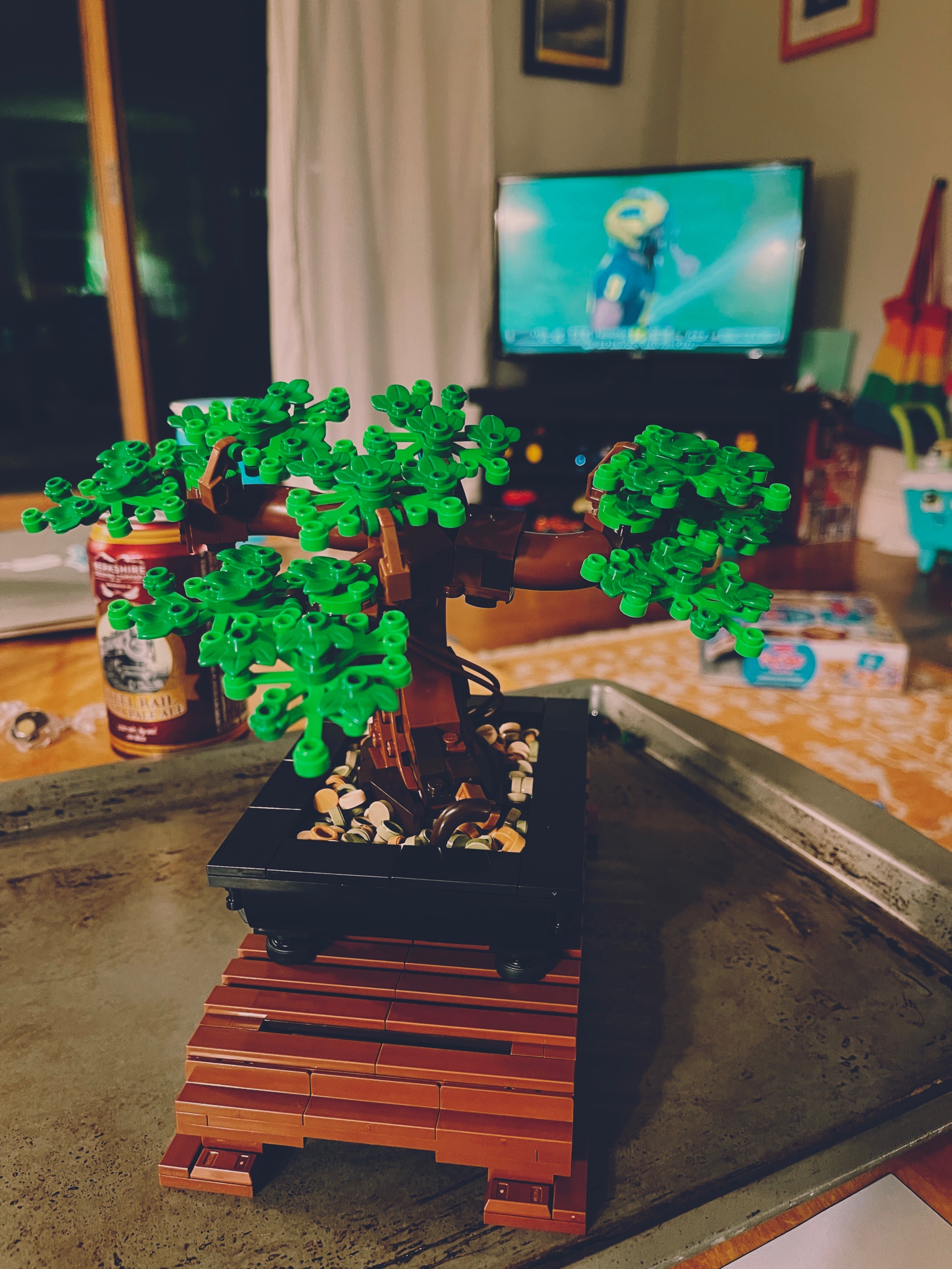 Lego Bonsai tree with Michigan football game in background